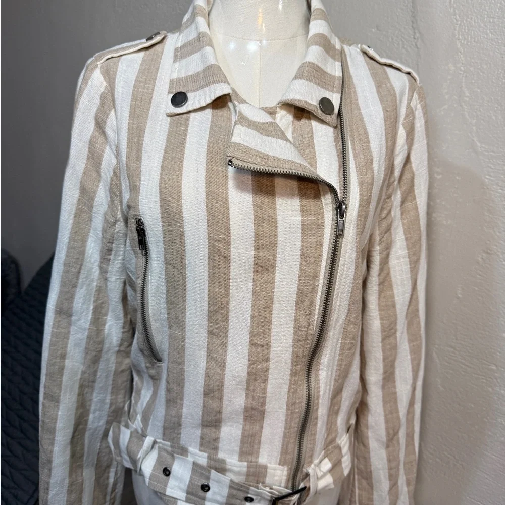 Lulus Striped Moto Jacket Cream Tan Asymmetrical Zip Lightweight Size L - Picture 4 of 12